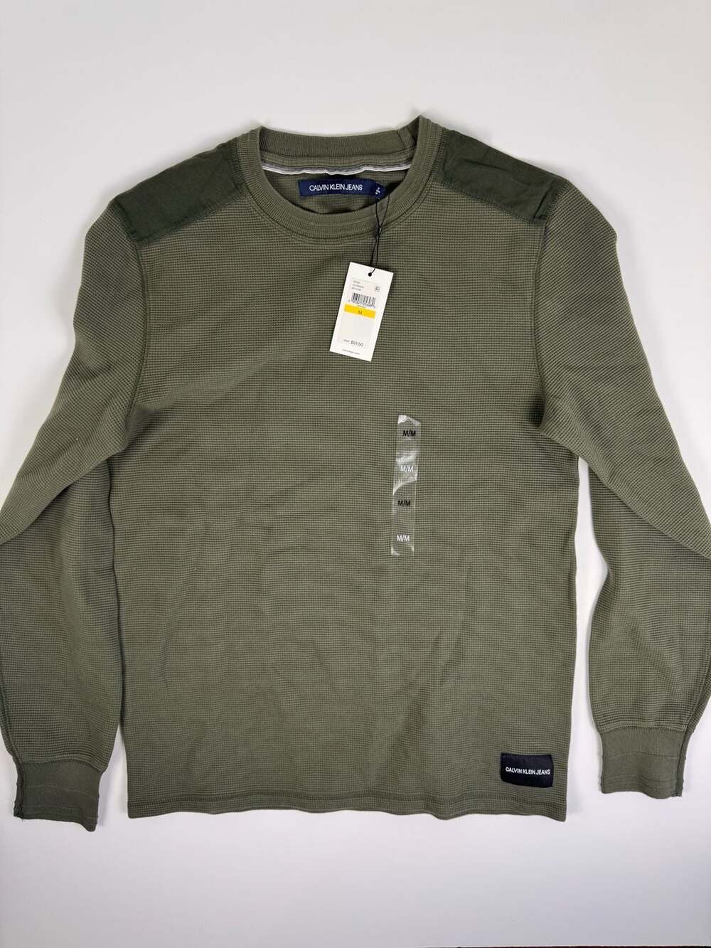 Calvin Klein Jeans Men's Olive Green Waffle Knit Long Sleeve Shirt Size M